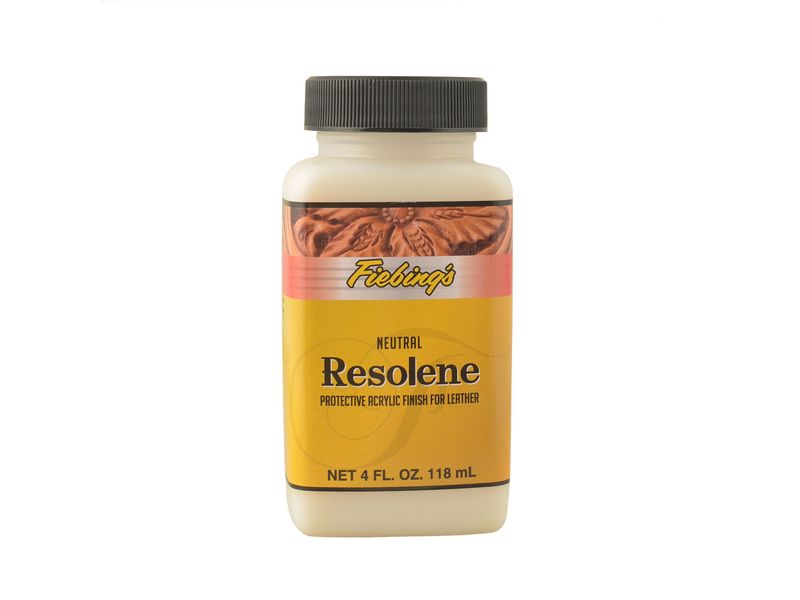 Acrylic Resolene protective finish for leather from Fiebing's. Volume: 118  ml. Color: Clear.